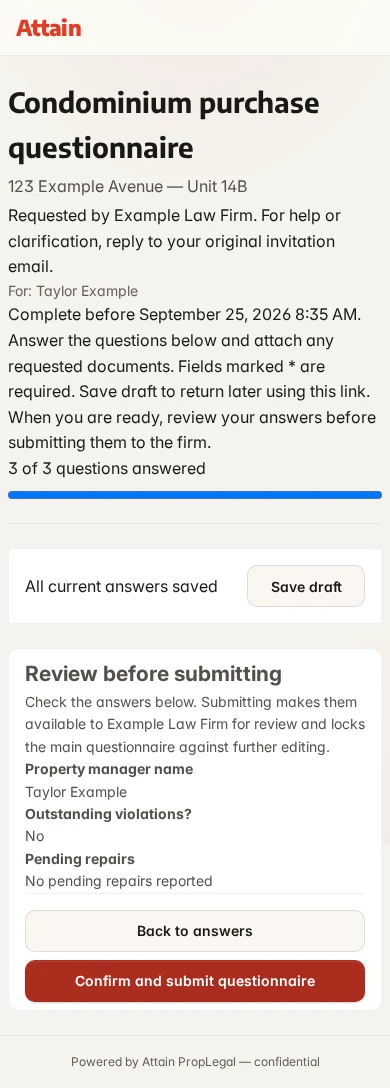 Mobile recipient questionnaire showing requesting firm, saved answers, and a review step before final submission.